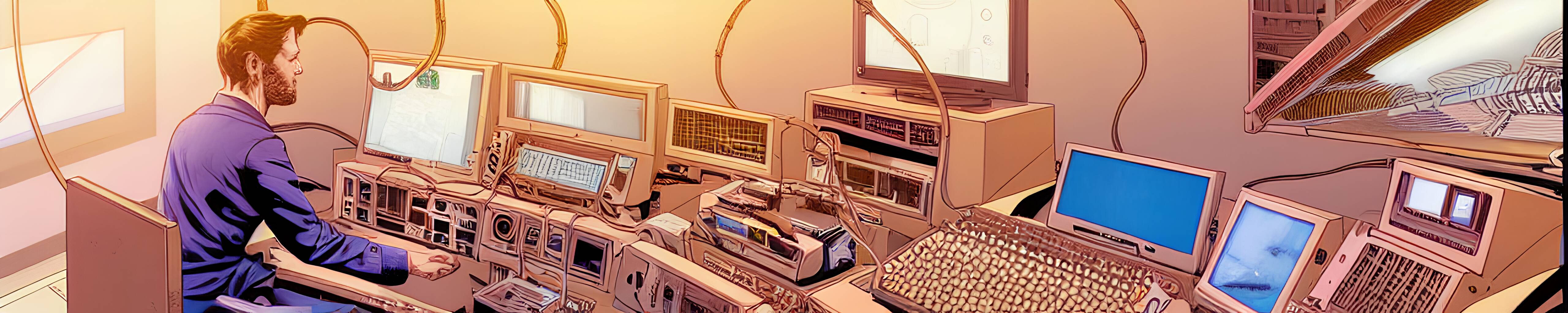 A comic book style illustration of a man sitting behind a desktop computer.