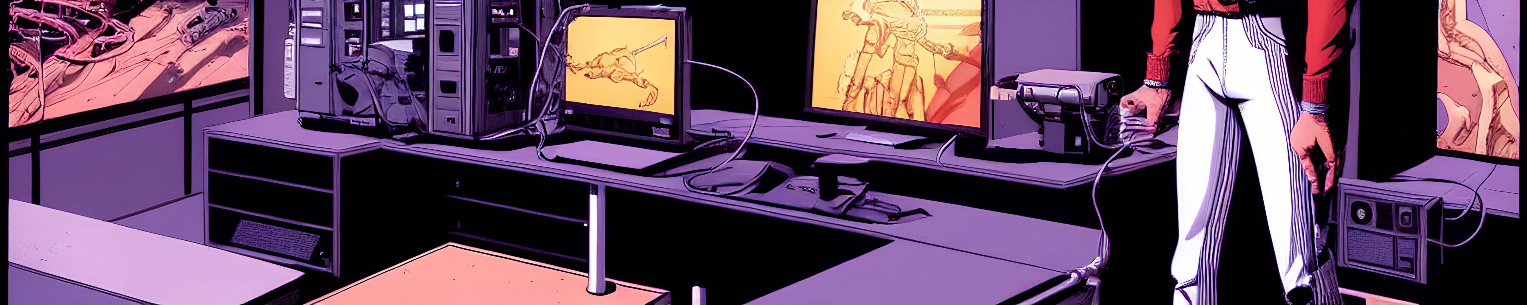 A comic style illustration of a man walking into a room with a computer.